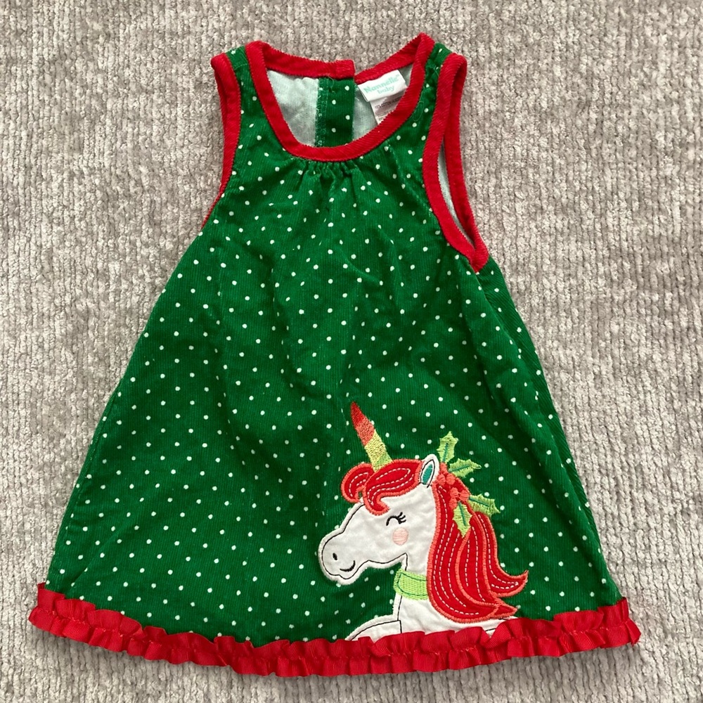 Nannette Baby Holiday Unicorn Dress, 12M, Green Red‎ Corduroy Christmas Magic